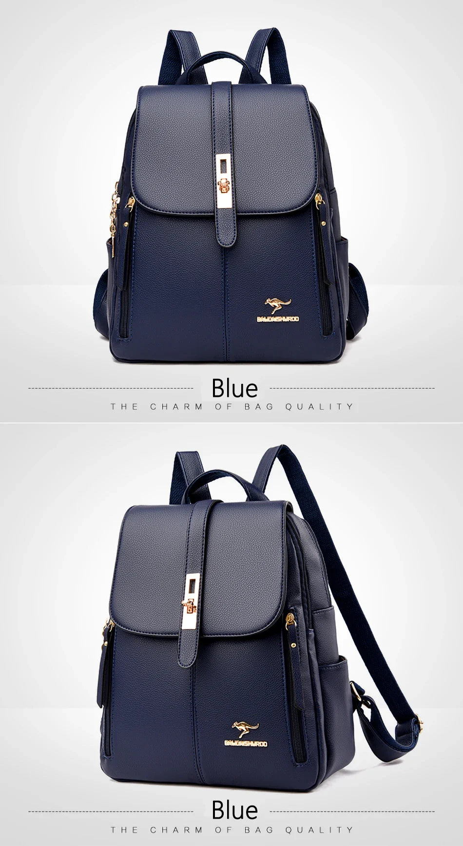 A stylish navy blue backpack with a sleek design, featuring a gold logo and zipper details, perfect for daily use.