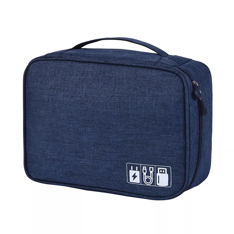 A compact, navy blue tech organizer bag with a handle and various charging icon graphics on one side.