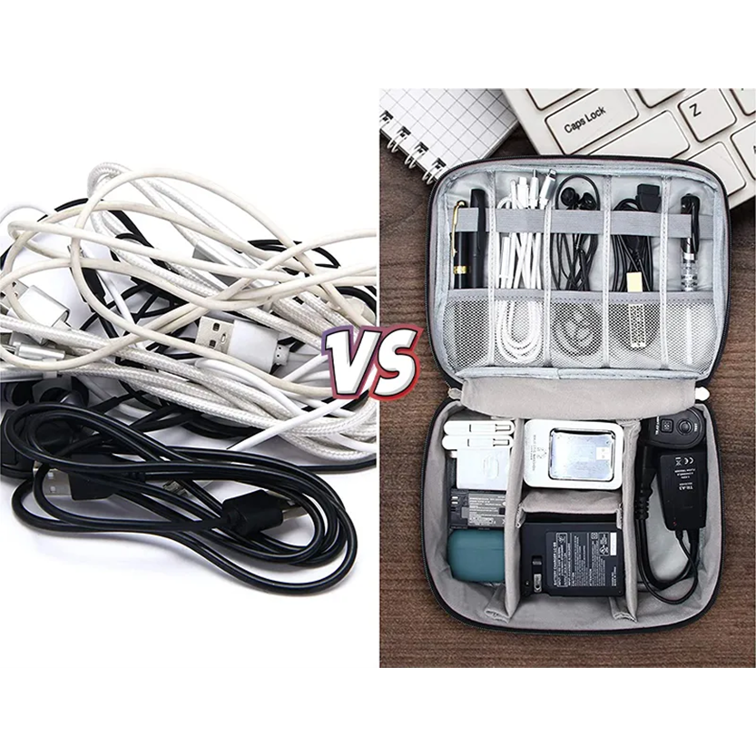 A messy tangle of cables on the left compared to neatly organized chargers and cords in a case on the right, illustrating order vs. chaos.