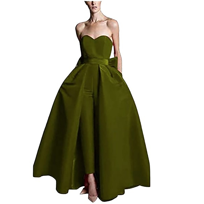 Woman wearing a strapless, olive green evening gown with a dramatic, flowing skirt and structured bodice, exuding a sophisticated and elegant tone.