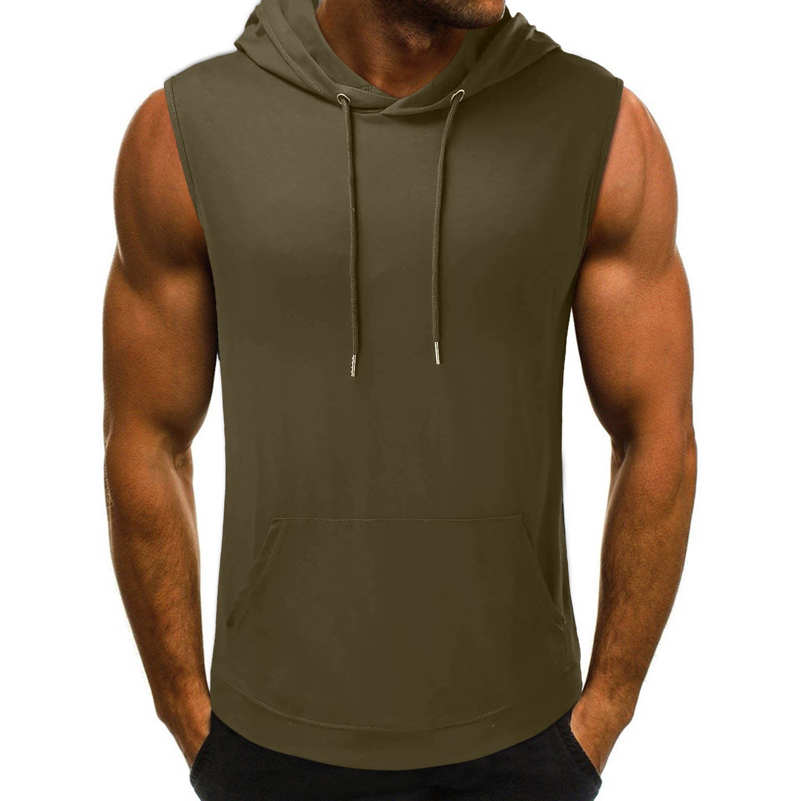 Man wearing an olive green sleeveless hoodie with drawstrings, showcasing muscular arms. The hoodie has a front pocket. Casual and sporty style.