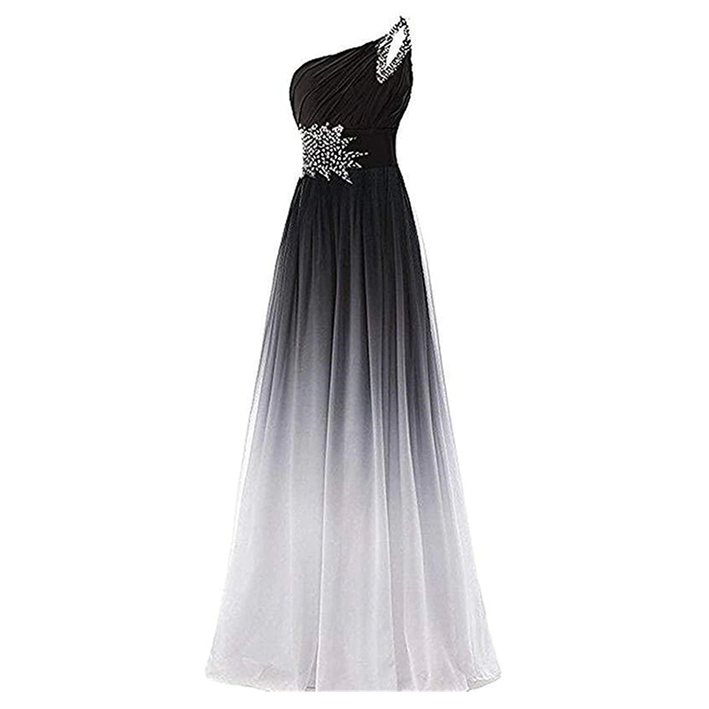 Elegant one-shoulder gown with a black-to-white ombre effect. Features intricate beading on the shoulder and bodice, creating a sophisticated look.