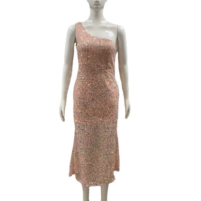 Mannequin in a one-shoulder, sleeveless sequined dress with a soft peach tone and colorful sparkles. Elegant and glamorous style.