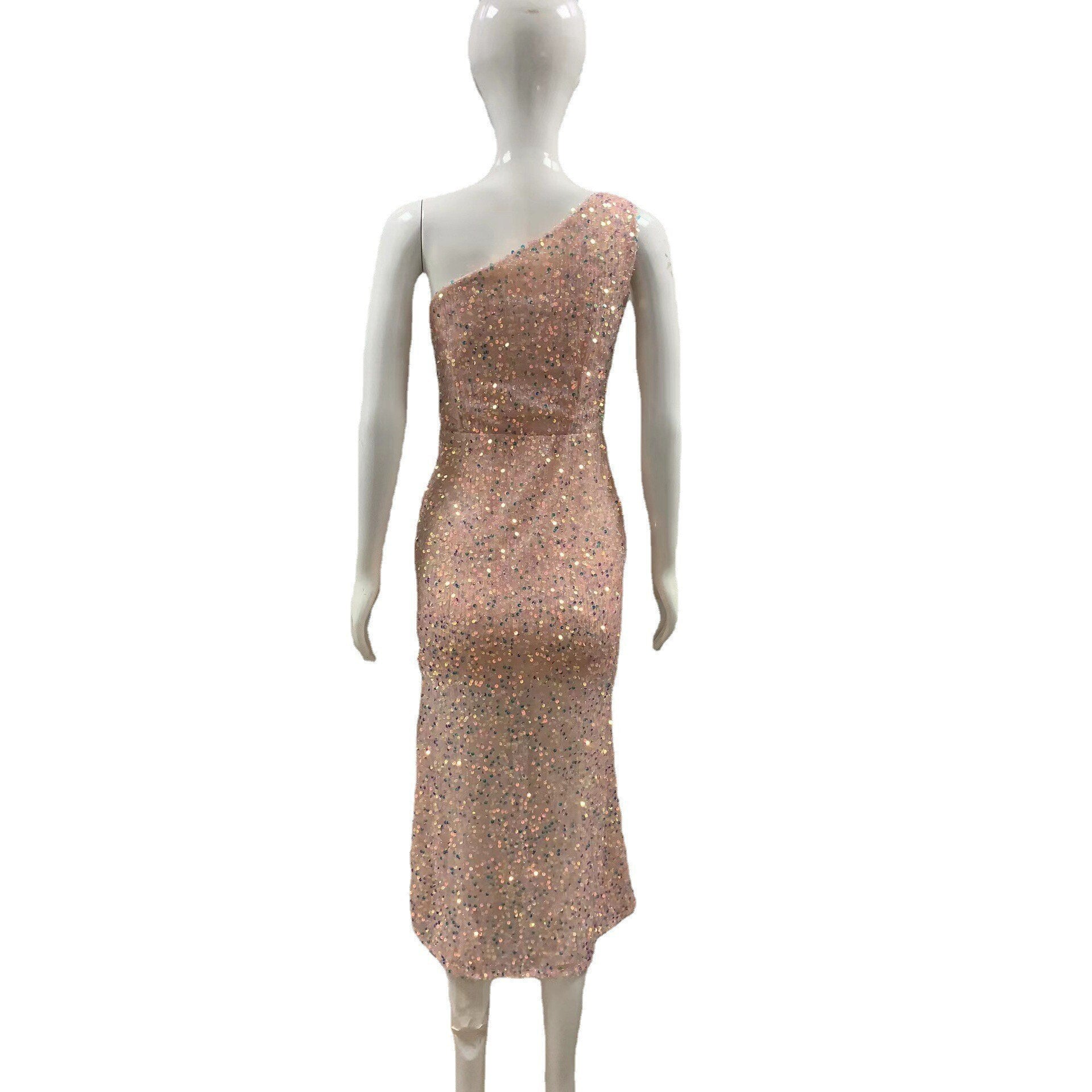Mannequin in a sparkly, pink, one-shoulder dress with sequins, offering an elegant and glamorous look. The dress is knee-length and fitted.