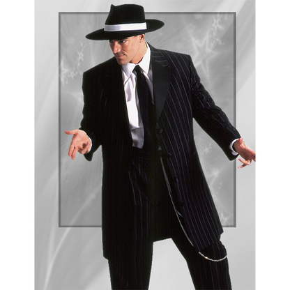 Man in a pinstripe suit and black hat posing against a grayscale background. He exudes confidence and a vintage, stylish vibe.