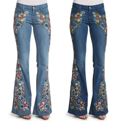Funki Findz | Pants | Women's Boho Hippy Flared Flower Jeans