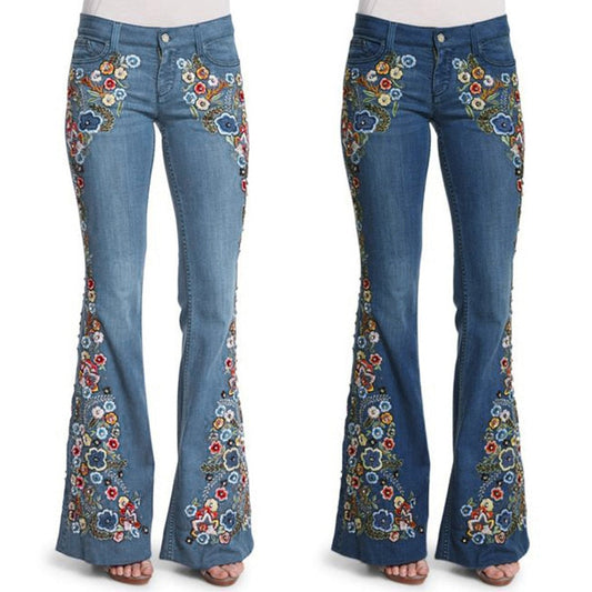 Funki Findz | Pants | Women's Boho Hippy Flared Flower Jeans