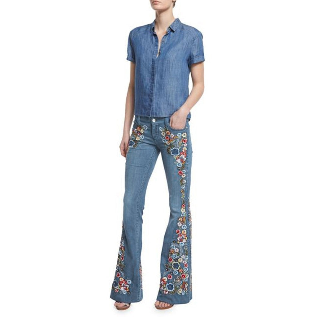 Funki Findz | Pants | Women's Boho Hippy Flared Flower Jeans
