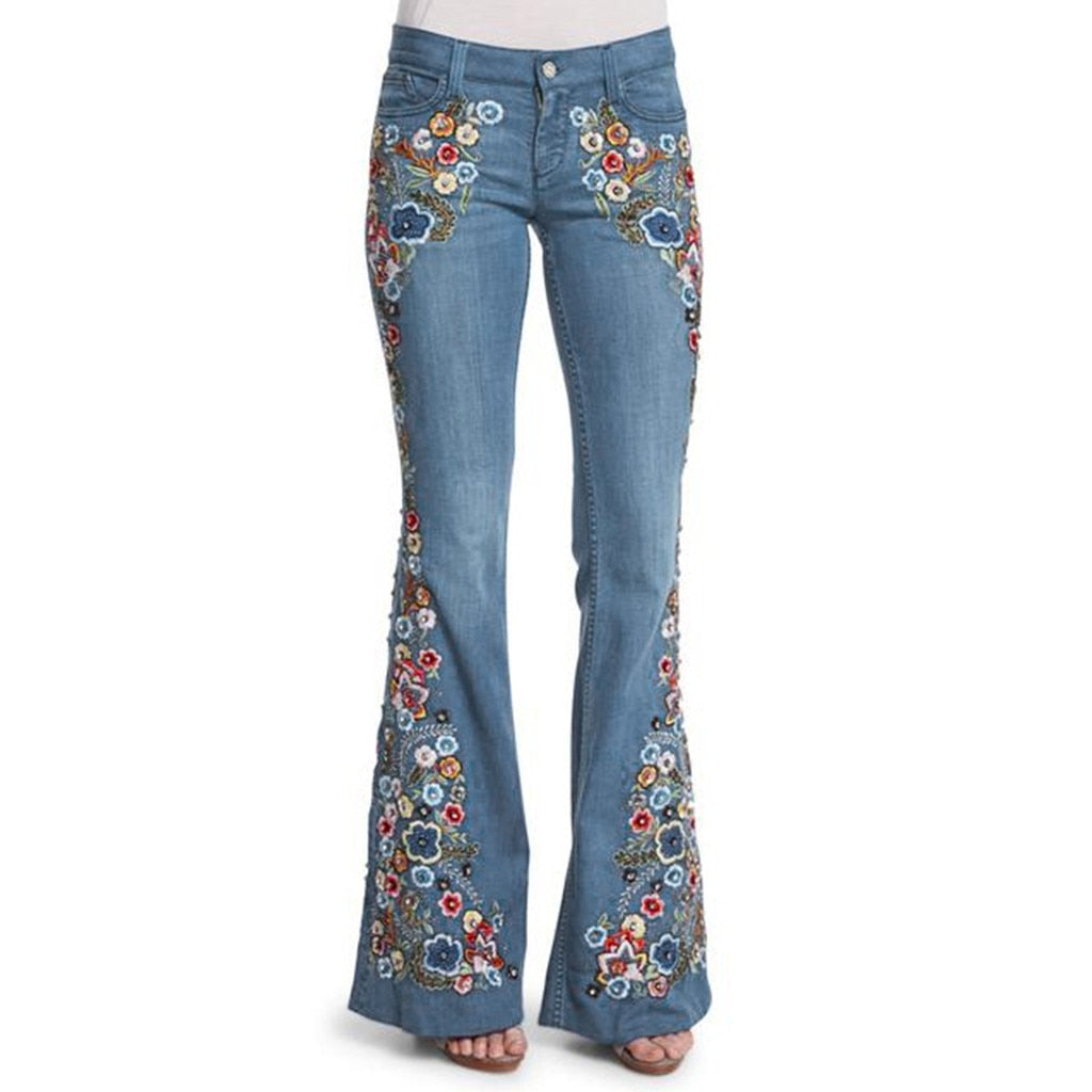 Funki Findz | Pants | Women's Boho Hippy Flared Flower Jeans