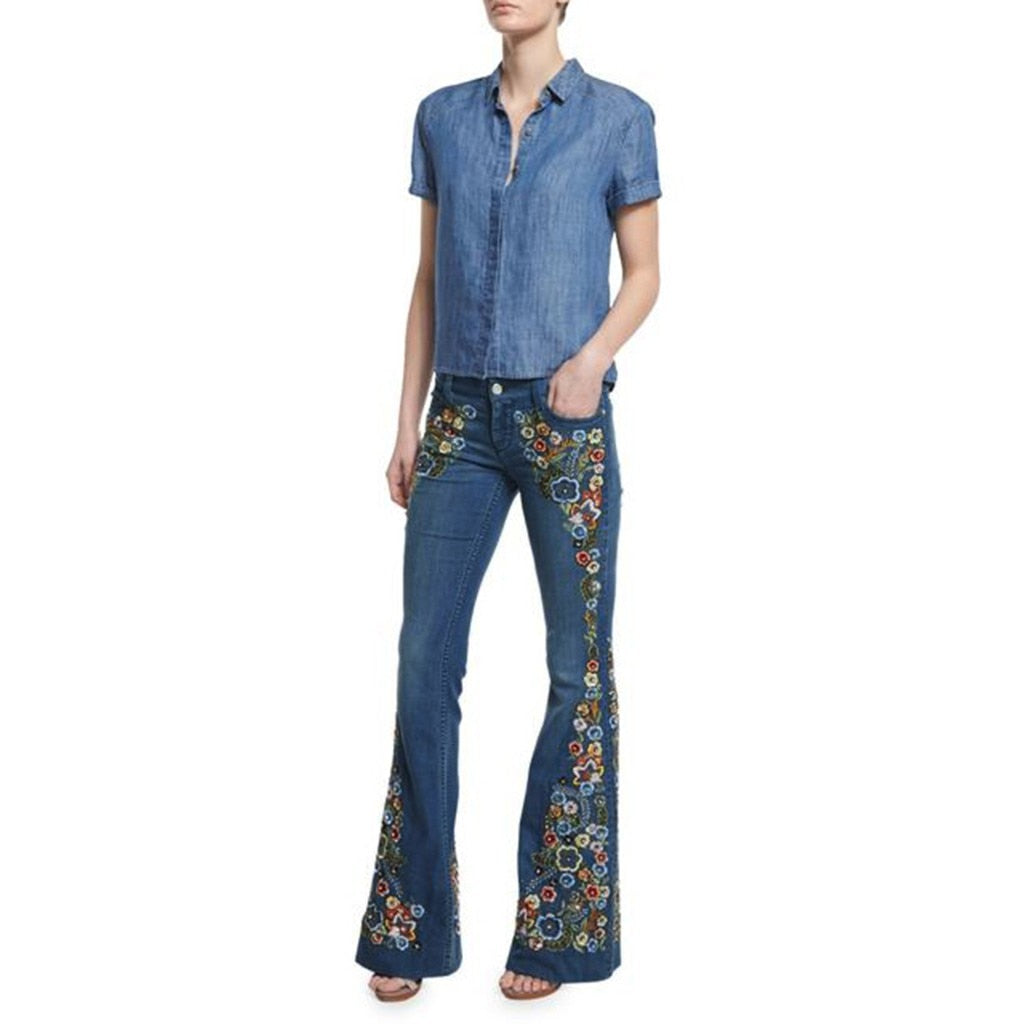 Funki Findz | Pants | Women's Boho Hippy Flared Flower Jeans