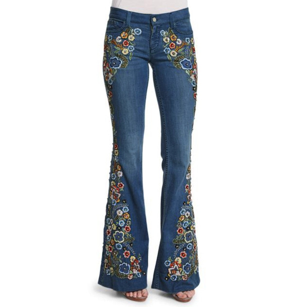 Funki Findz | Pants | Women's Boho Hippy Flared Flower Jeans