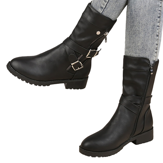 Funki Findz | Boots | Women's Buckle Strap Low Heel Biker Boot