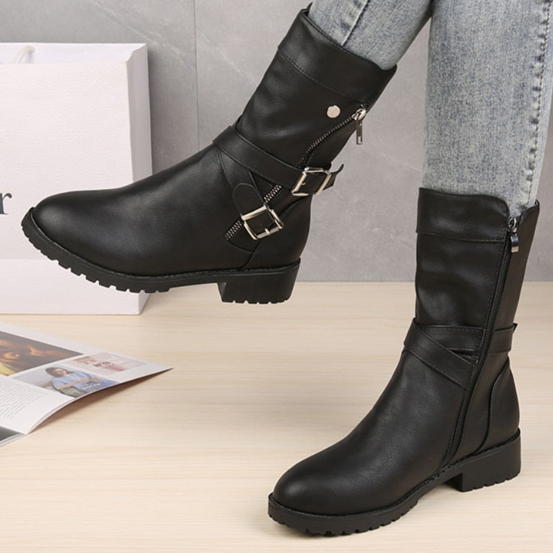 Funki Findz | Boots | Women's Buckle Strap Low Heel Biker Boot