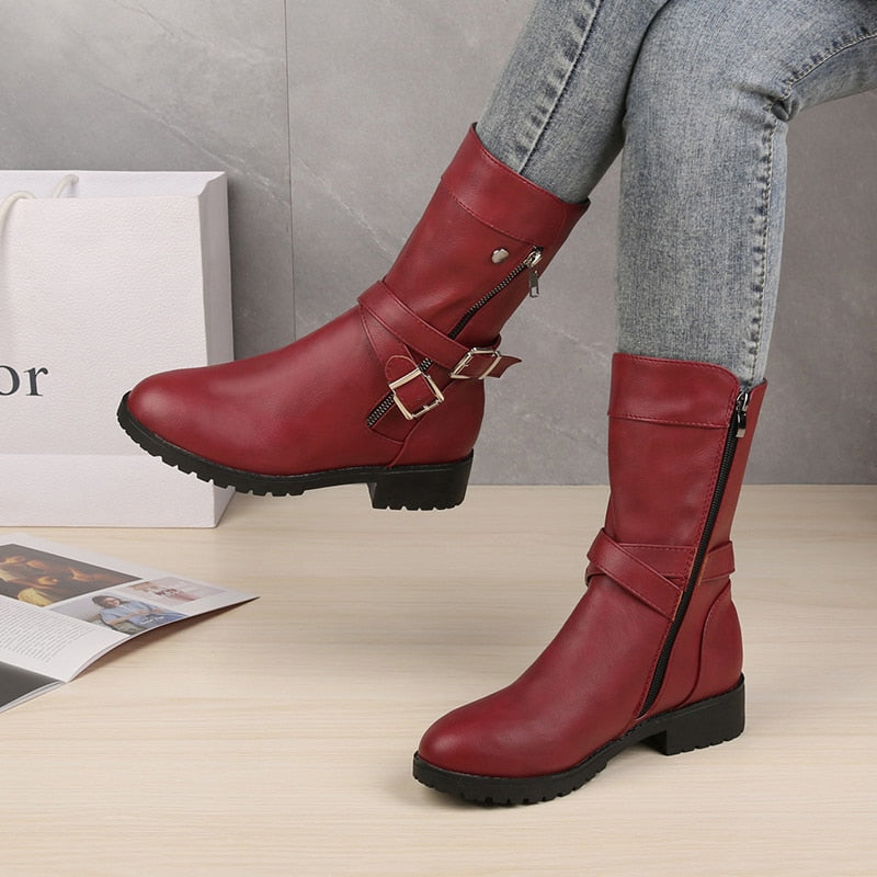 Funki Findz | Boots | Women's Buckle Strap Low Heel Biker Boot