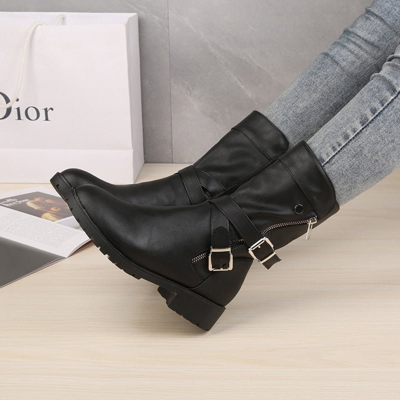Funki Findz | Boots | Women's Buckle Strap Low Heel Biker Boot