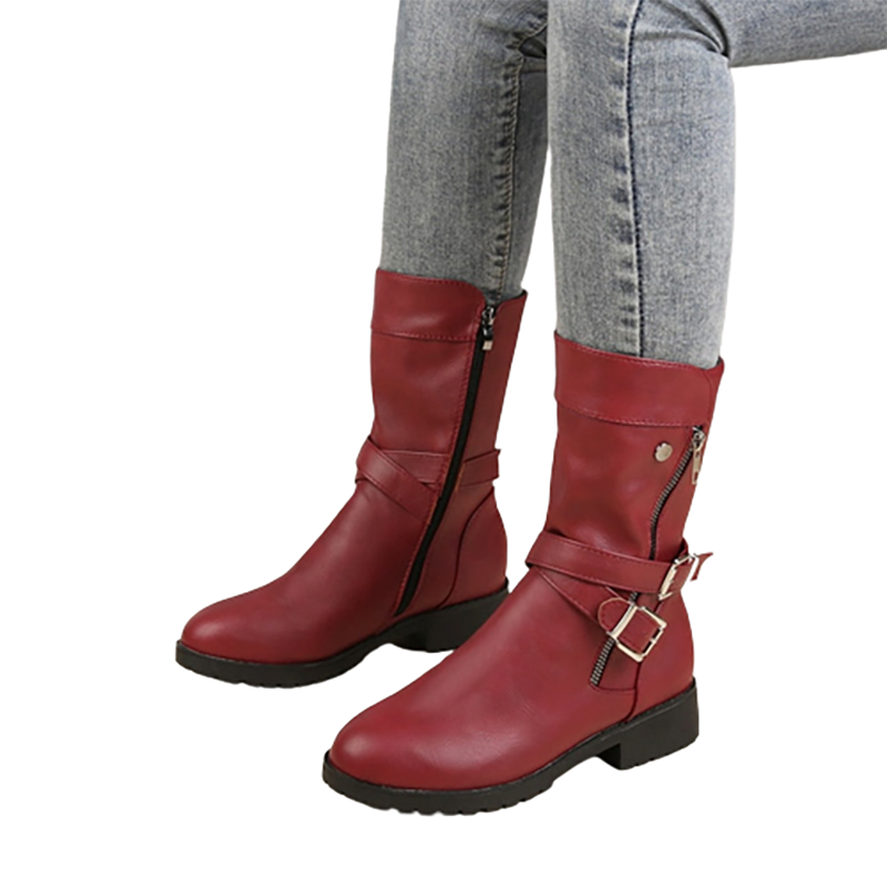 Funki Findz | Boots | Women's Buckle Strap Low Heel Biker Boot