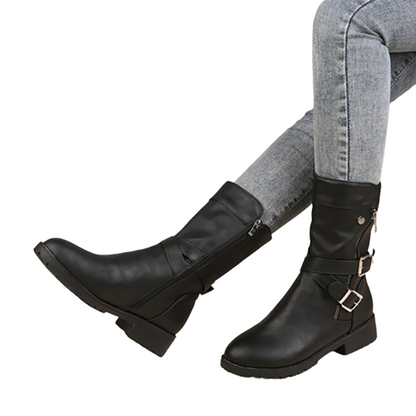 Funki Findz | Boots | Women's Buckle Strap Low Heel Biker Boot