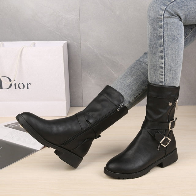 Funki Findz | Boots | Women's Buckle Strap Low Heel Biker Boot