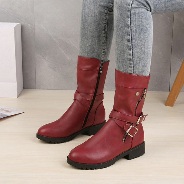 Funki Findz | Boots | Women's Buckle Strap Low Heel Biker Boot
