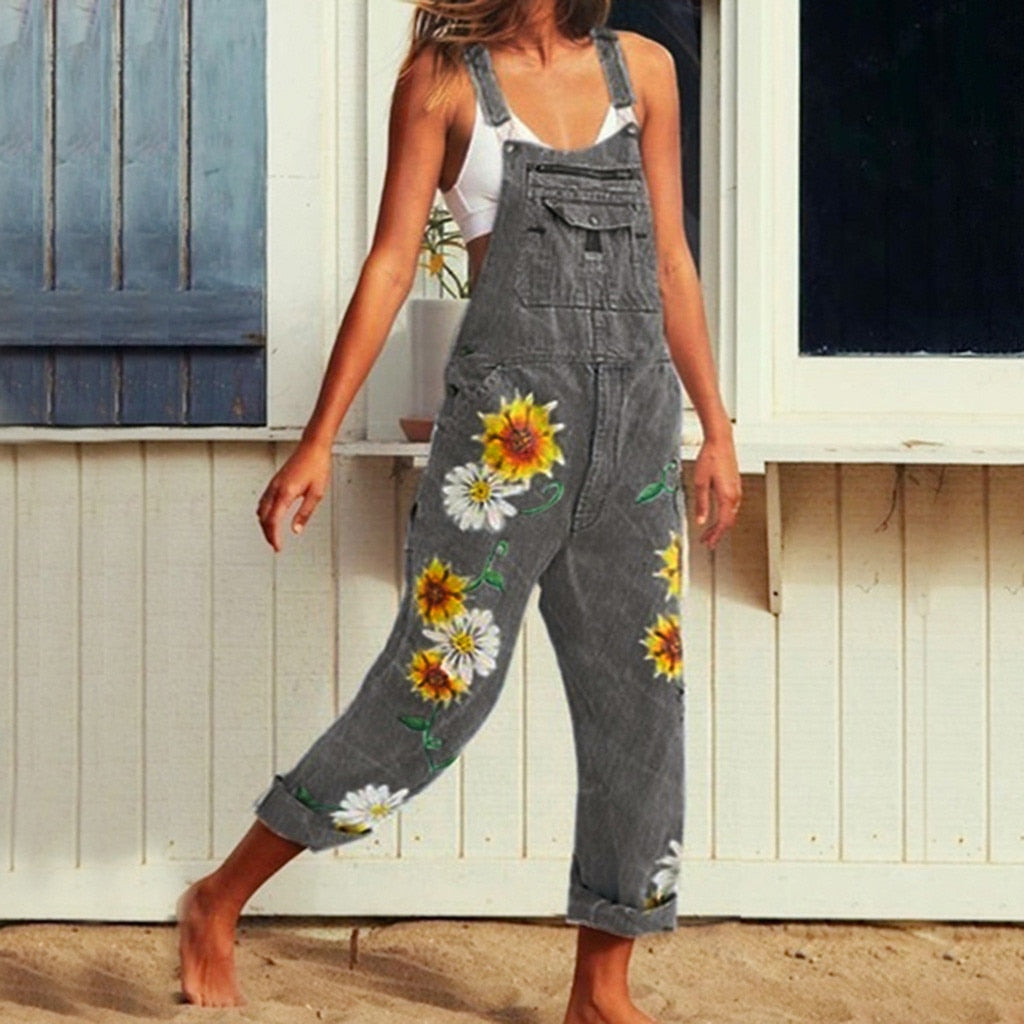 Funki Findz | Pants | Women's Denim Overalls Sunflower Print