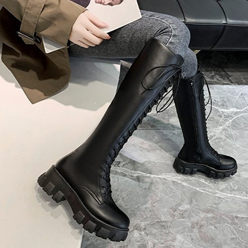 Funki Buys | Boots | Women's Long Chunky Boots | Gothic Lace Up, Zip