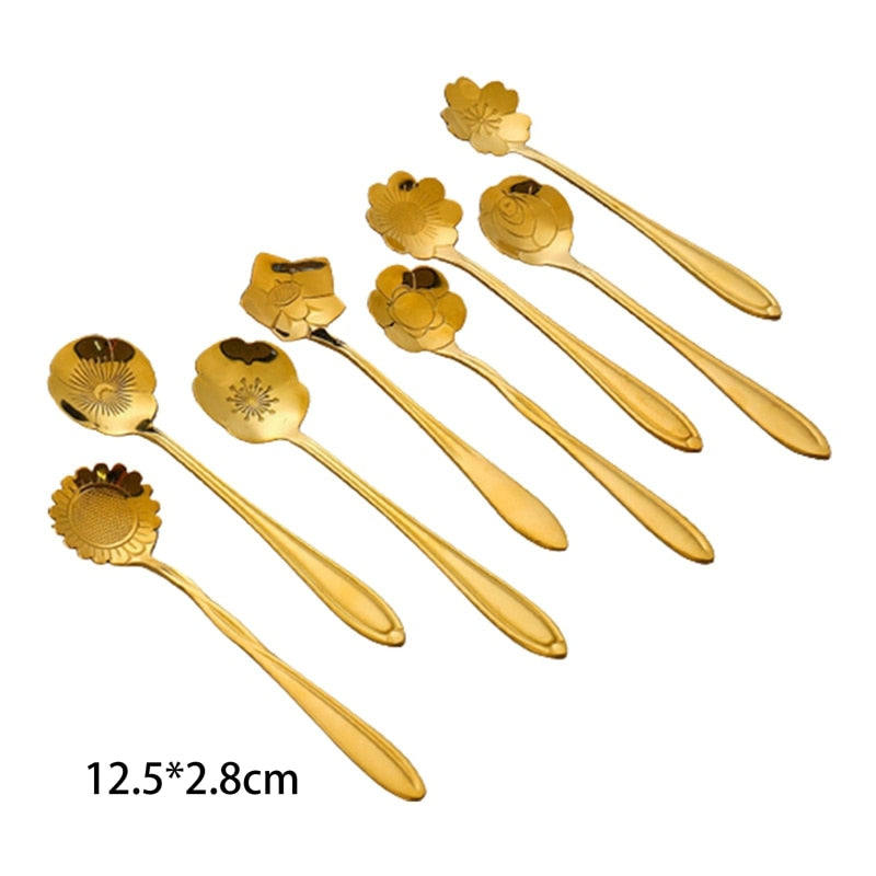 Funki Findz | Spoons | Flower Gold Dessert Spoons 8 Pcs Set