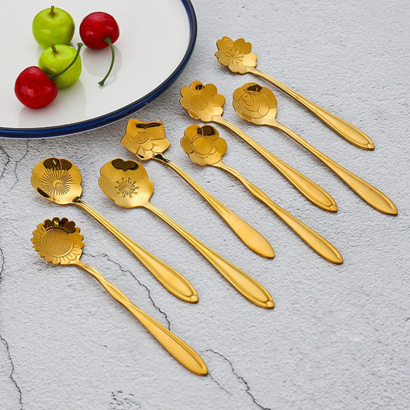 Funki Findz | Spoons | Flower Gold Dessert Spoons 8 Pcs Set