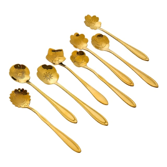 Funki Findz | Spoons | Flower Gold Dessert Spoons 8 Pcs Set