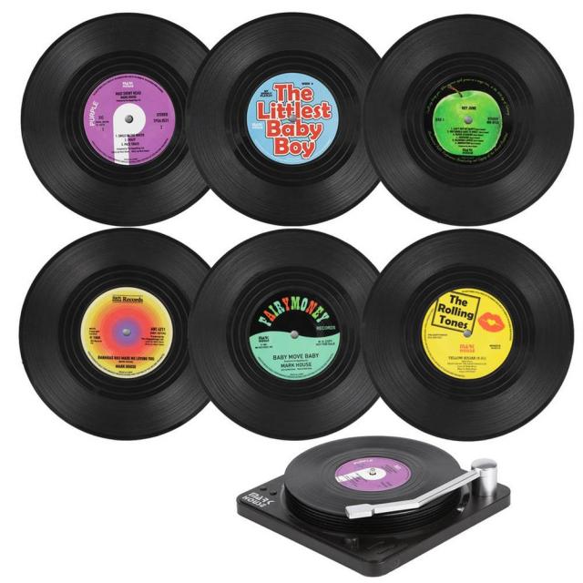 Funki Findz | Coasters | Vinyl Record Coasters and Holder 6 Pcs
