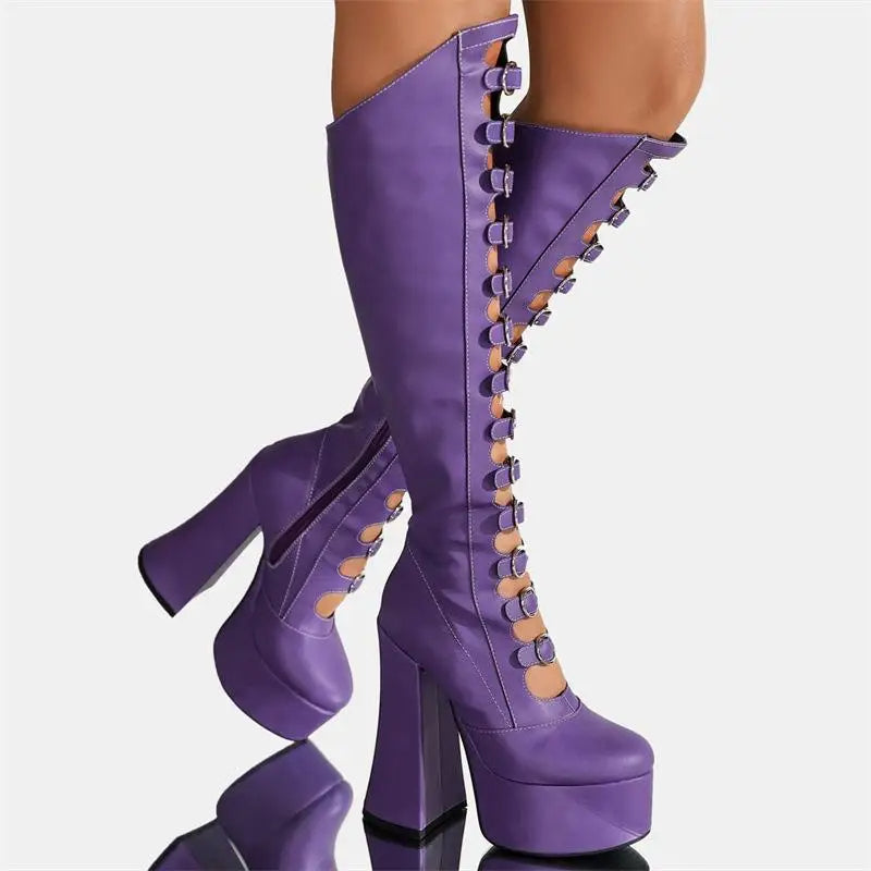 Funki Findz | Boots | Women's Cut Out Chunky Knee High Boots