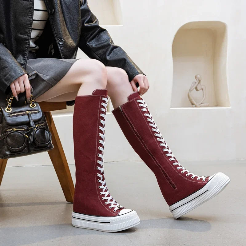 Funki Findz | Boots | Women's Lace Up Knee High Canvas Boots