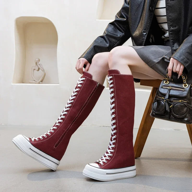 Funki Findz | Boots | Women's Lace Up Knee High Canvas Boots