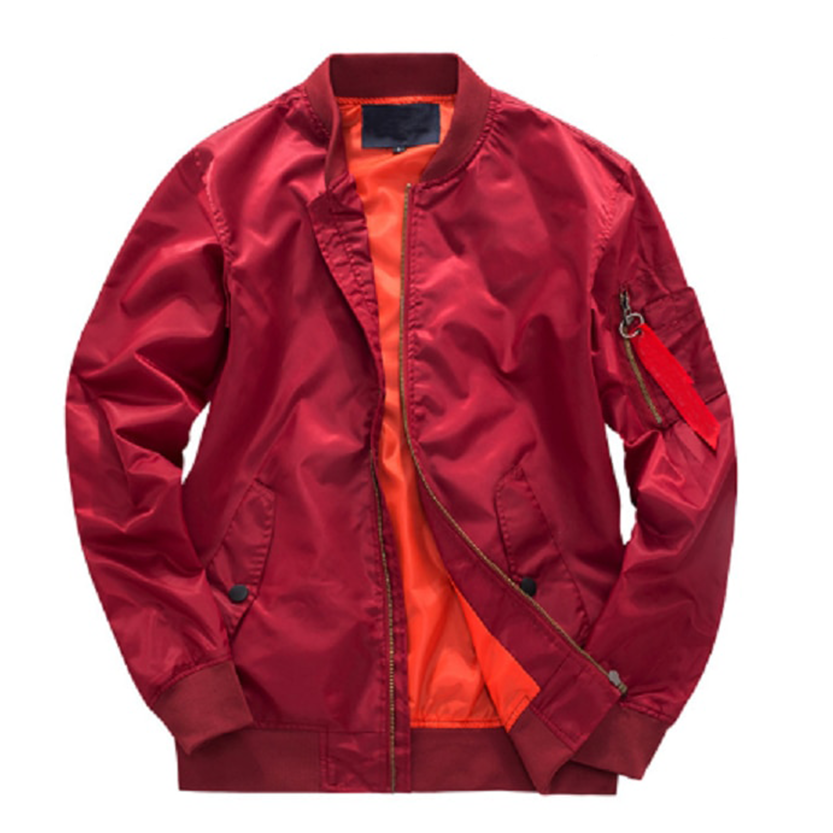 A vibrant red bomber jacket with an orange lining, showcasing a zipper and a pocket on the sleeve with a red tag. The style is casual and trendy.