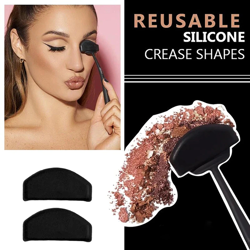 A woman applying eyeshadow with a reusable silicone crease shape on a brush. The background features product text and images of the tool on black.