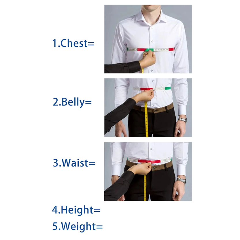 a man in a white shirt being measured for chest, belly, waist, height, and weight with a tape measure.
