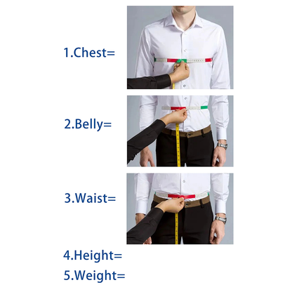 a man in a white shirt being measured for chest, belly, waist, height, and weight with a tape measure.