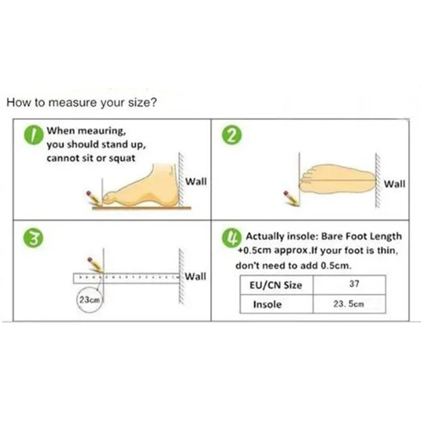 Illustrative guide on measuring foot size for shoes, detailing steps, including standing position and adding length for insoles.