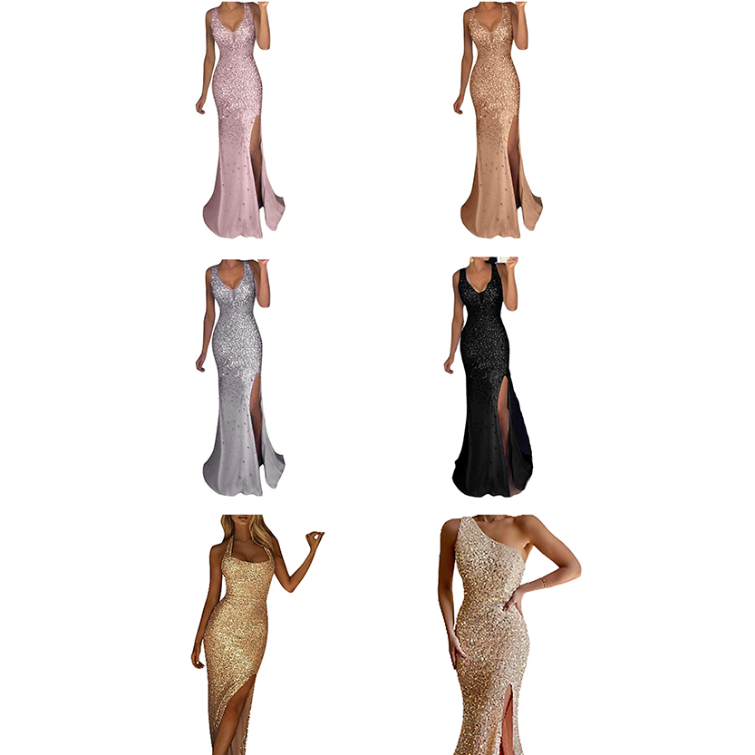 Six elegant sleeveless evening gowns, each with a V-neck and thigh-high slit. Colors are pink, tan, silver, black, gold, and sequined gold. Sophisticated and glamorous.