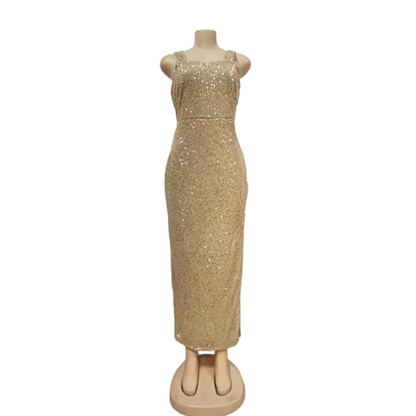A mannequin displays a sleeveless, long gold sequined dress. The form-fitting design and glittering texture convey elegance and sophistication.