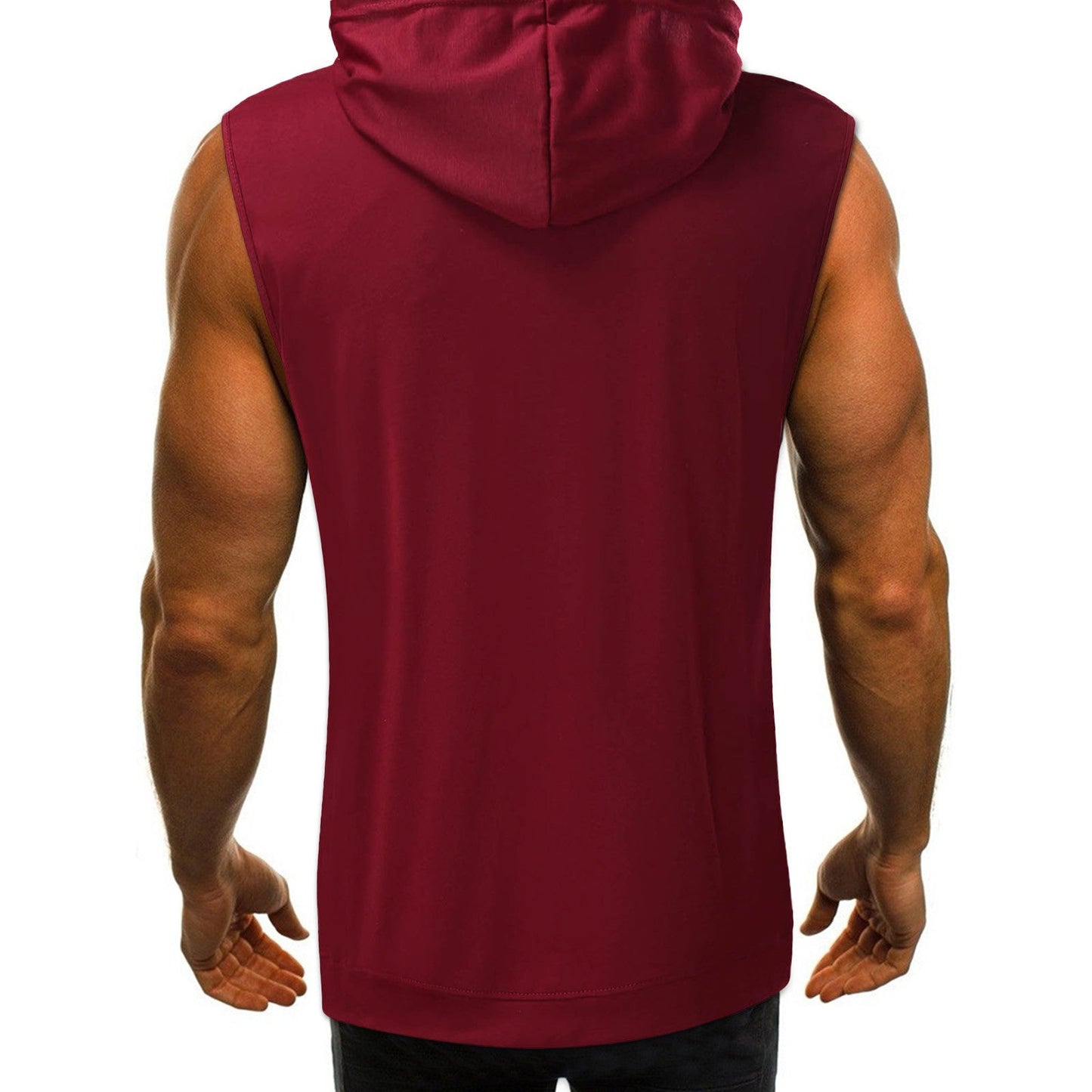 A muscular person is shown from the back, wearing a sleeveless maroon hoodie. The background is plain white, highlighting the bold color.