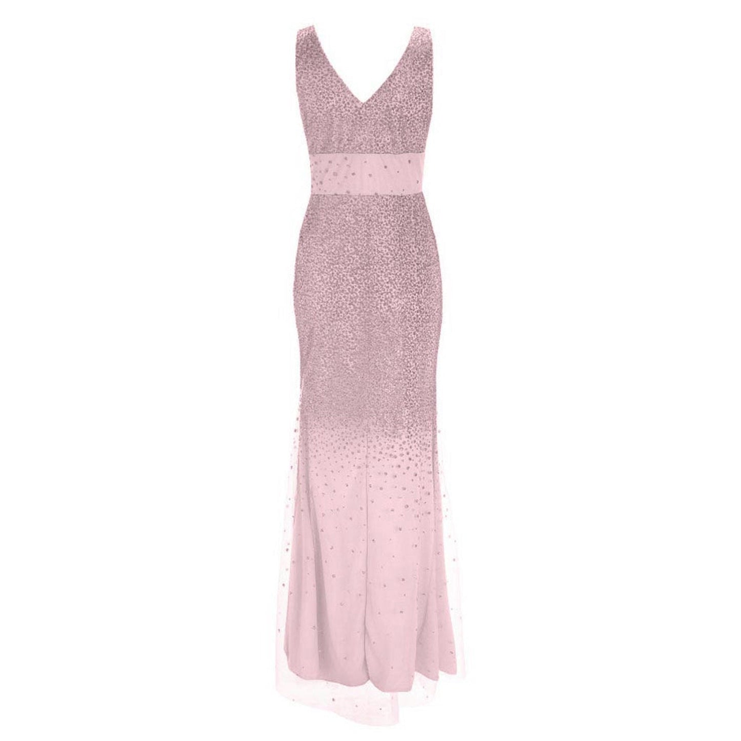 Elegant sleeveless pink evening gown with a V-neckline, featuring sparkling embellishments fading down the skirt, conveying sophistication and grace.