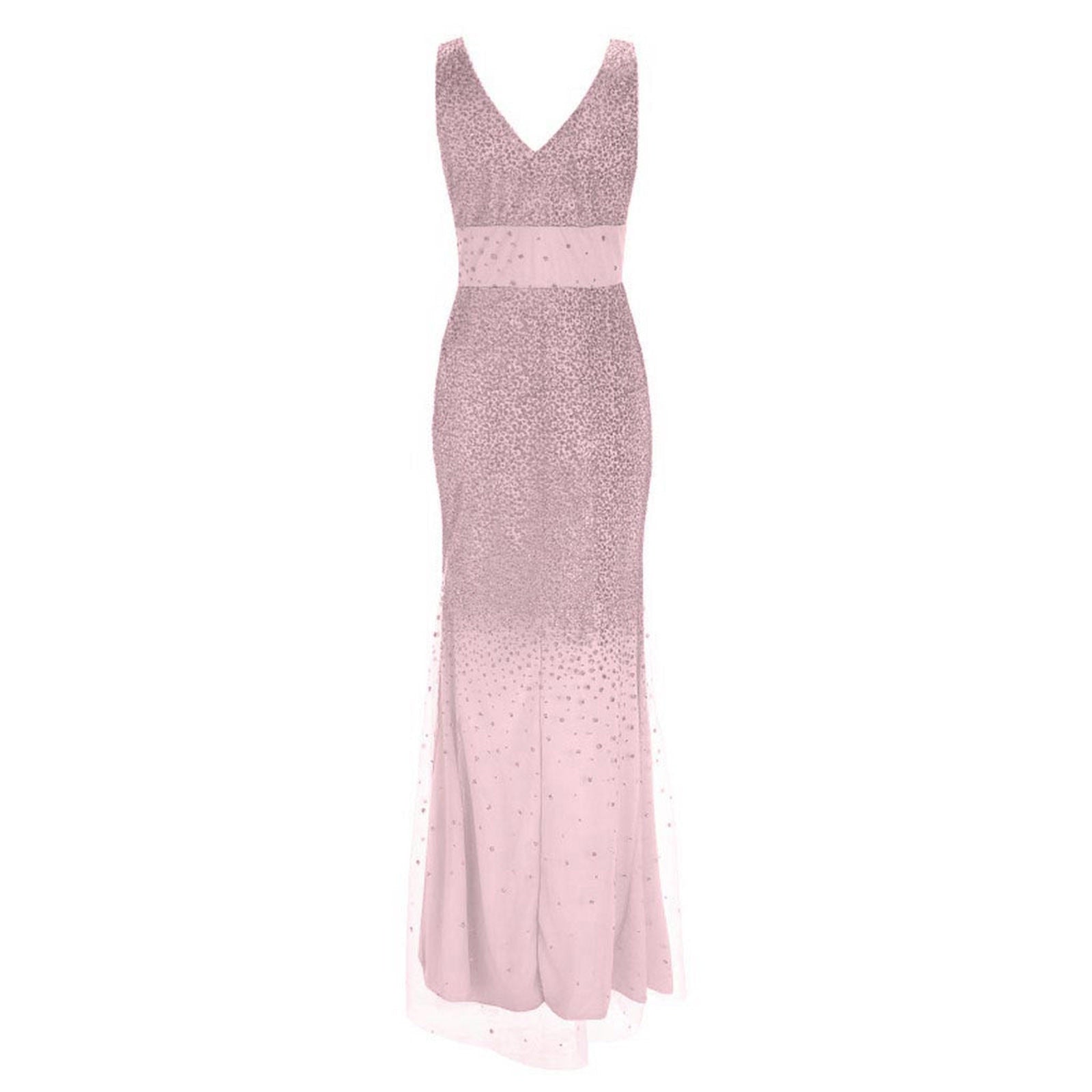 Elegant sleeveless pink evening gown with a V-neckline, featuring sparkling embellishments fading down the skirt, conveying sophistication and grace.