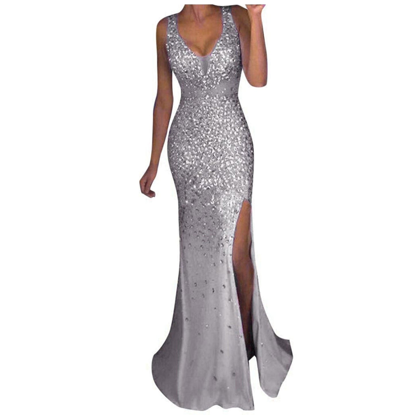 Elegant, sleeveless silver sequin gown with a plunging neckline and high side slit, conveying glamour and sophistication against a plain background.