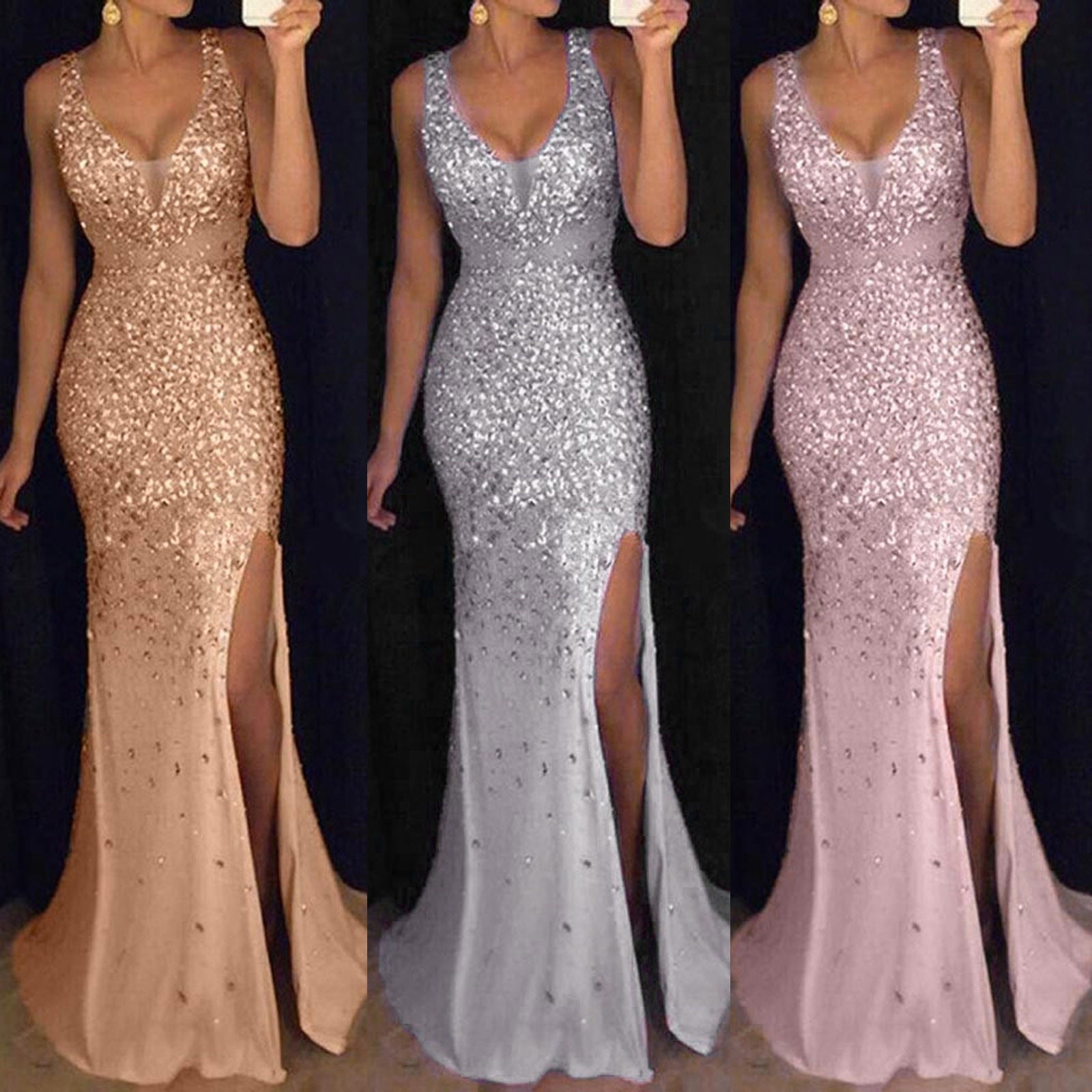 Three sleeveless, sequined evening gowns on display mannequins. The dresses are gold, silver, and blush pink, each featuring a thigh-high slit.