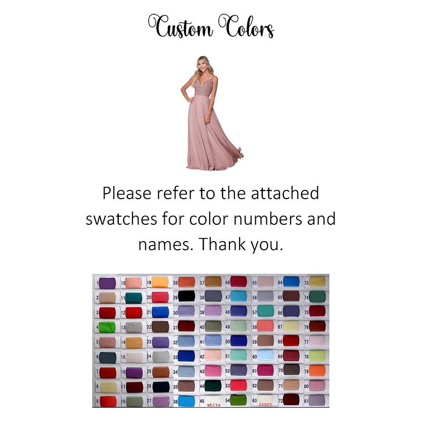 Please refer to the attached swatches for color numbers and names.' Below, an array of colorful fabric swatches is displayed in rows, each with a number for custom color selection. The tone is elegant and informative."