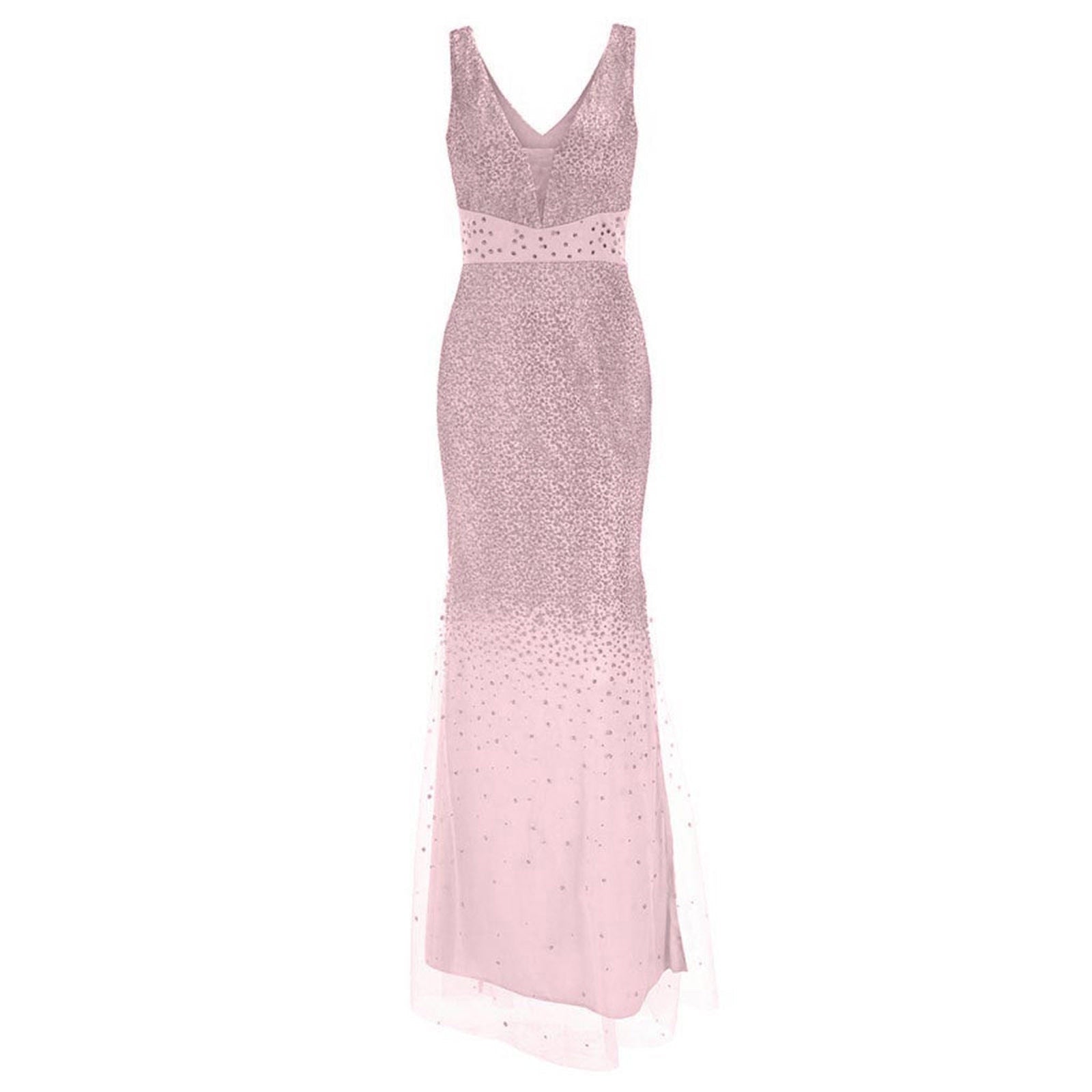 Elegant pink ombre evening gown with a V-neckline, sleeveless design, and intricate sequin embellishments, conveying a sophisticated and glamorous tone.
