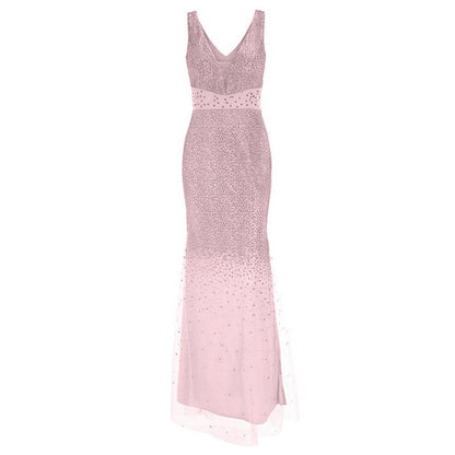 Elegant pink ombre evening gown with a V-neckline, sleeveless design, and intricate sequin embellishments, conveying a sophisticated and glamorous tone.