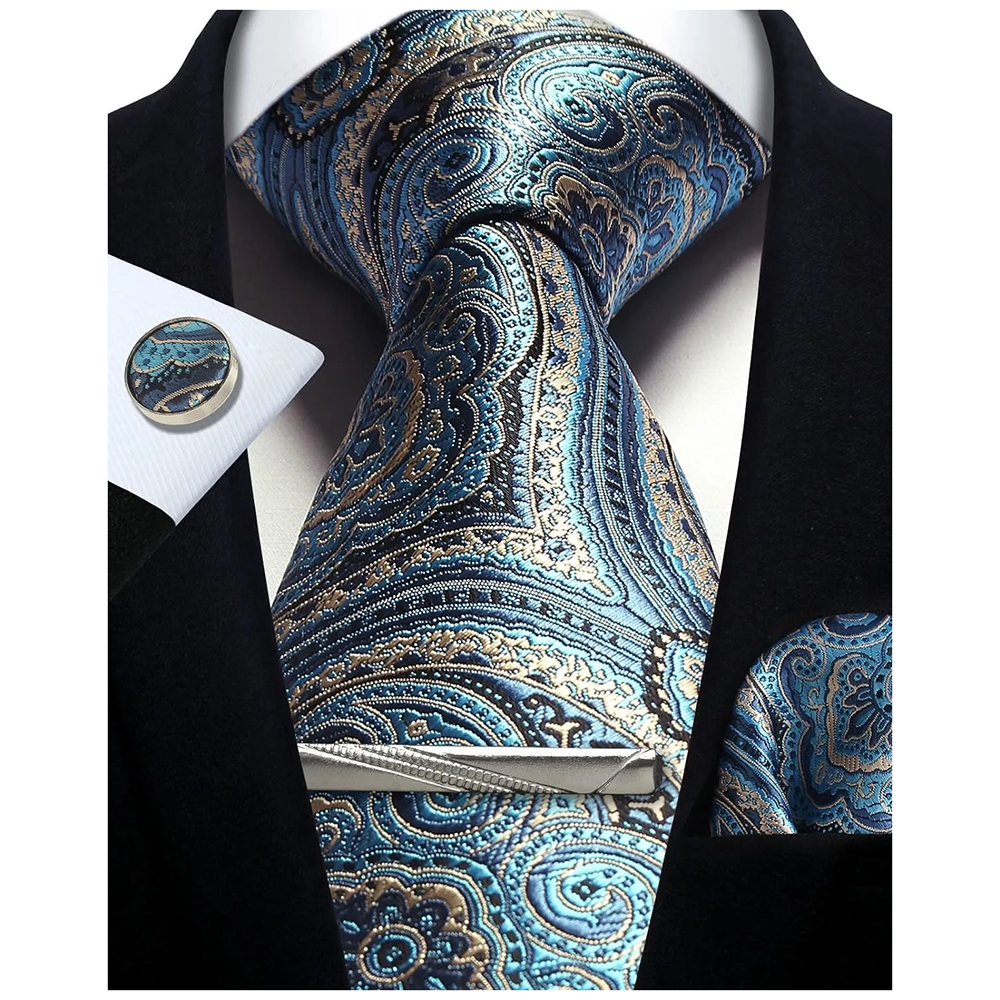 Funki Findz | Neckties | Mens Tie Clip Cufflinks Hanky 4Pcs Set
