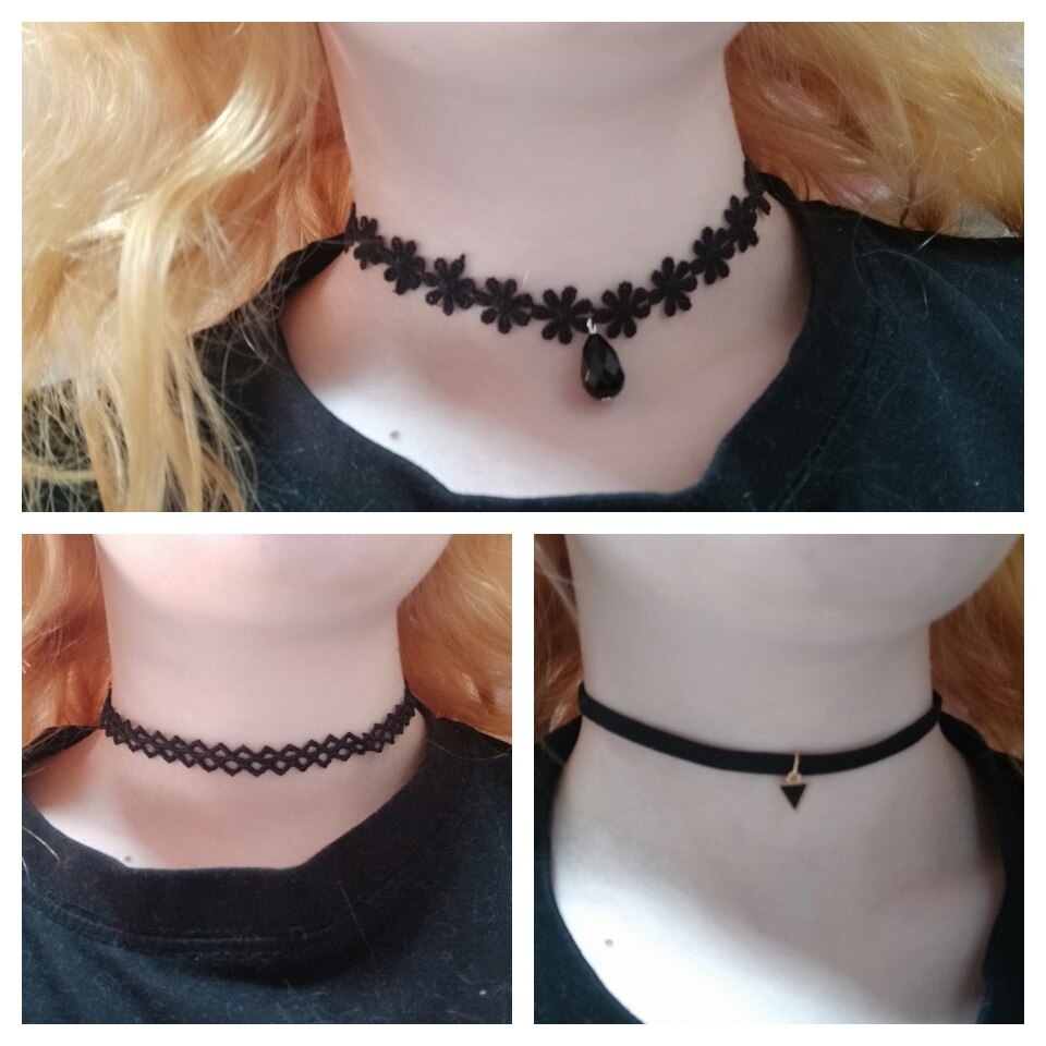 Collage of three black chokers on a neck with blonde hair. Top: floral with teardrop gem, bottom left: lace, bottom right: simple with triangle charm.