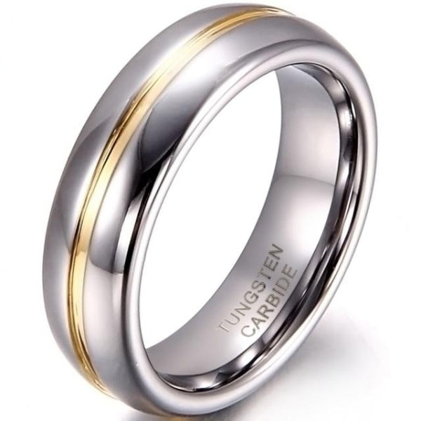 A polished tungsten carbide ring with a glossy silver finish and a slim gold stripe encircling the middle. The tone is sleek and elegant.